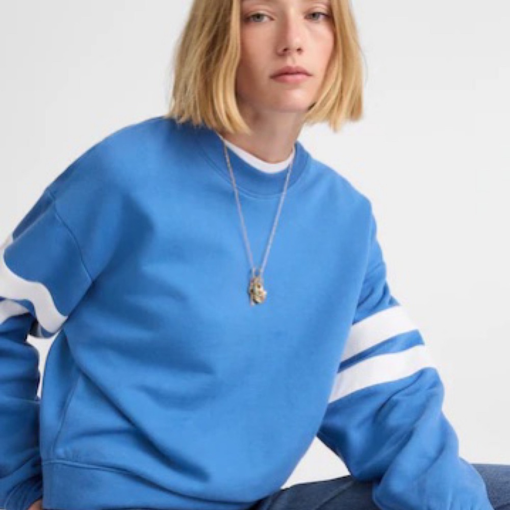 Madewell Crewneck Varsity Sweatshirt Blue White Stripe Womens Medium NWT Comfort